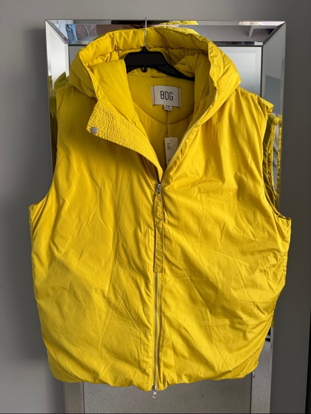 BDG Sunny Yellow Hooded Puffer Vest. Size L